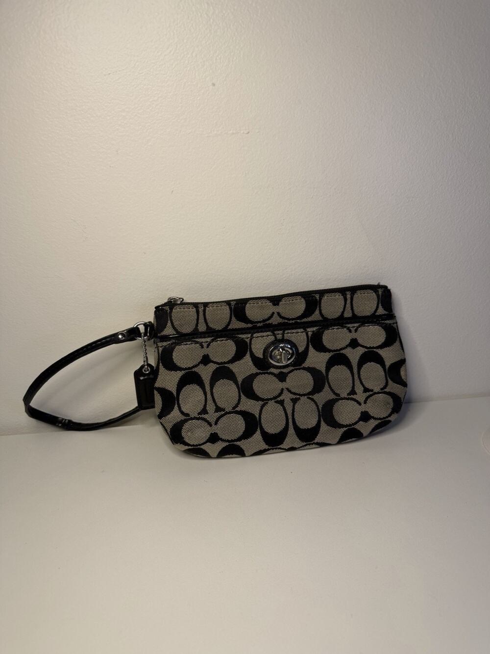 Coach Signature Logo Black Beige Wristlet Turn Lock Closure Mini Designer *Flaw